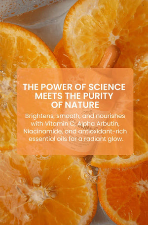 Vitamin C serum with orange slices, brightening skin with natural antioxidants and essential oils
