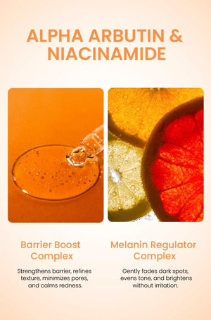 Alpha Arbutin & Niacinamide serum with Barrier Boost and Melanin Regulator complexes for bright, calm skin