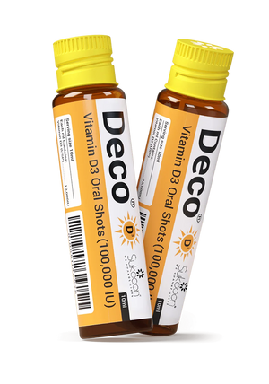DECO Vitamin D3 Oral Shots 100,000 IU, 10ml bottles with yellow caps, natural wellness supplement