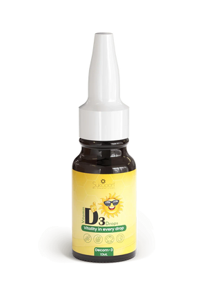 Vitamin D3 Drops 10ml bottle with sun mascot, vitality supplement for wellness