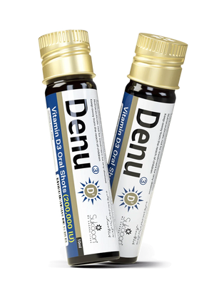 Denu Vitamin D3 Oral Shots 200,000 IU, 10ml bottles with gold caps, natural wellness supplement