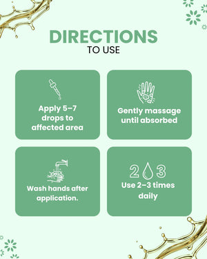 Essential oil usage guide: apply 5-7 drops, massage, wash hands, use 2-3x daily for wellness