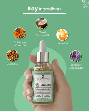 Sukoon Eczemin essential oil blend for eczema-prone skin with coconut, lavender, jojoba, calendula & vitamin E