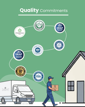 Delivery person carrying certified wellness products with Halal, DRAP, ISO, FDA & GMP quality seals