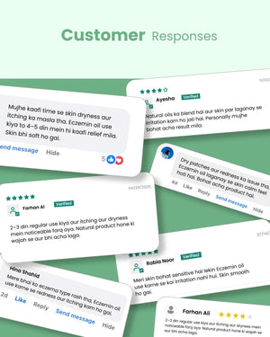 Customer reviews for natural eczema oil, showing relief from dryness and itching with verified 5-star feedback
