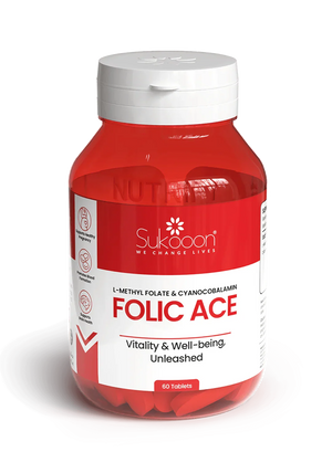 Folic Ace supplement with L-Methyl Folate & Cyanocobalamin for vitality, 60 tablets in red bottle