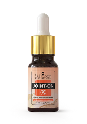 10ml dark glass dropper bottle labeled Joint-On natural essential body oil for joint pain relief