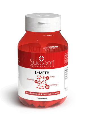Sukooon L-METH supplement bottle with B vitamins for blood and nervous system support, 30 tablets