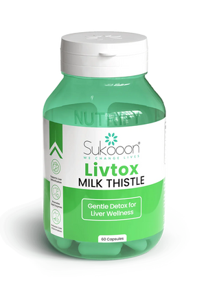 Sukooon Livtox Milk Thistle capsules for gentle liver detox and wellness, 60-count bottle