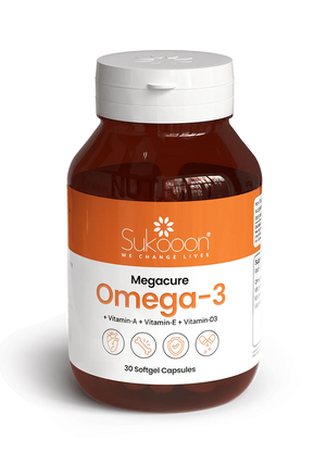 Sukooon Megacure Omega-3 softgel capsules with Vitamins A, E, D3 for heart, bone & immune support
