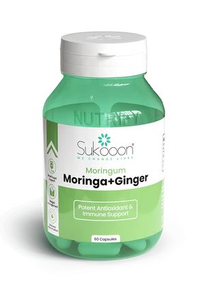 Sukoon Moringa + Ginger capsules for antioxidant and immune support, 60-count bottle
