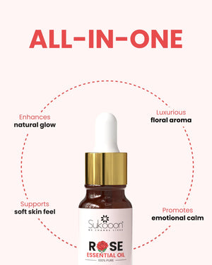 Sukooon Rose Essential Oil bottle with dropper, 100% pure, enhances glow, soft skin, floral aroma, emotional calm