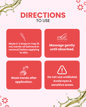 Essential oil usage guide: dilute with carrier oil, massage gently, wash hands, avoid eyes & sensitive areas