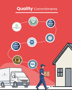 Delivery person carrying certified wellness products with DRAP, FDA, Halal, ISO, GMP, HACCP quality seals