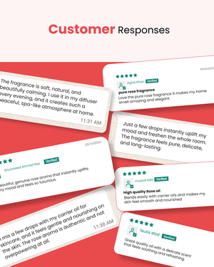 Customer reviews praising pure rose fragrance oil for calming aroma, skincare use, and natural, long-lasting scent