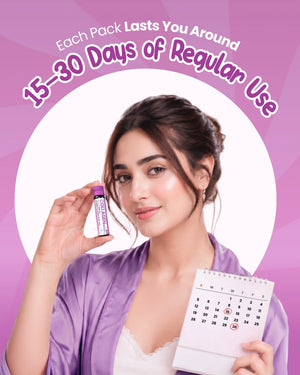 Woman holding collagen supplement vial and calendar, showing 15-30 days of regular use for wellness routine