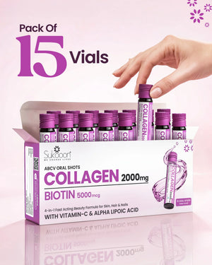 Pack of 15 collagen 2000mg & biotin 5000mcg oral shots for skin, hair & nails with vitamin C