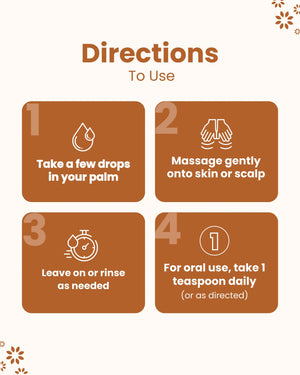 How to use natural essential oil: apply drops, massage skin or scalp, leave or rinse, or take orally daily