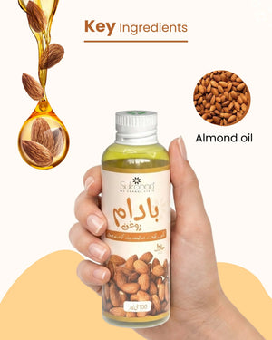 Pure almond oil bottle with key ingredients highlighted, natural wellness product for skin and hair care
