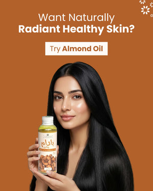 Woman holding almond oil for naturally radiant healthy skin, organic beauty product