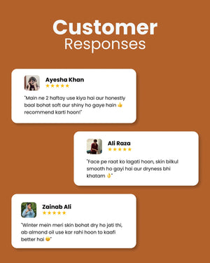 Customer reviews for natural beauty products: soft shiny hair, smooth skin, and relief from dryness with almond oil.
