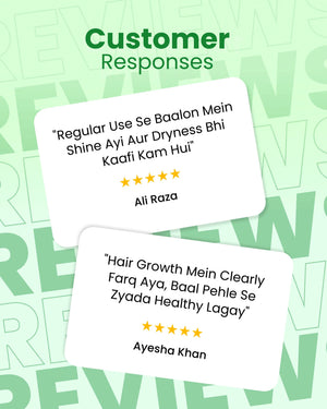 Customer reviews for hair care product showing improved shine, reduced dryness, and healthier hair growth with 5-star ratings