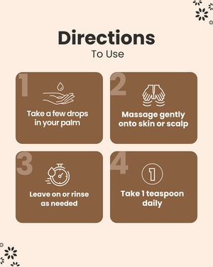 How to use natural wellness oil: apply drops, massage skin or scalp, leave or rinse, take 1 tsp daily
