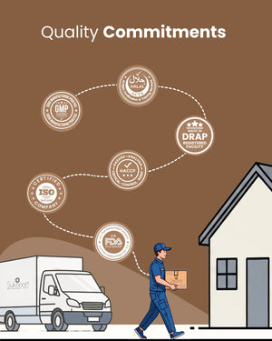 Delivery person carrying certified wellness products from DRAP, FDA, Halal, ISO, GMP, HACCP registered facility