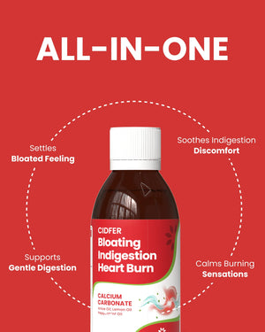CIDFER digestive relief bottle for bloating, indigestion & heartburn with calcium carbonate and essential oils