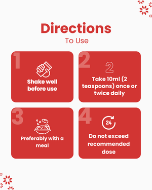Usage directions: shake well, take 10ml twice daily with meals, do not exceed dose