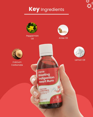 Cidfer syrup for bloating, indigestion, heartburn with peppermint, anise, lemon oils & calcium carbonate