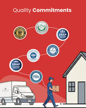 Delivery person carrying Sukooon package with quality certifications: GMP, Halal, DRAP, ISO, HACCP, FDA