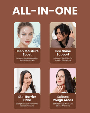 All-in-one wellness product for deep moisture, hair shine, skin barrier care, and softening rough areas like elbows and heels.