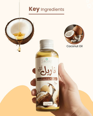 Natural coconut oil bottle with key ingredients, halal certified, for hair and skin care