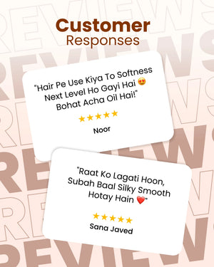 Customer reviews praising hair oil for softness and smoothness with 5-star ratings