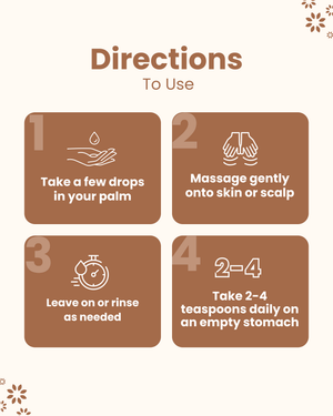 How to use natural wellness oil: apply drops to palm, massage skin/scalp, leave or rinse, take 2-4 tsp daily