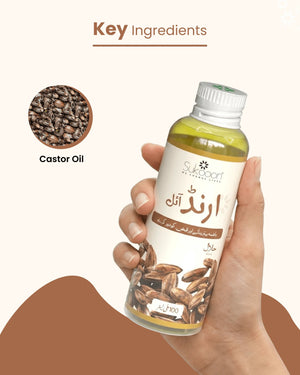 Hand holding bottle of natural castor oil with key ingredients highlighted, Halal certified wellness product