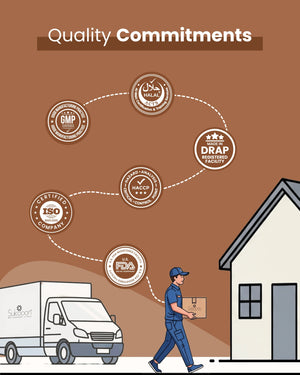 Delivery person carrying certified wellness products from DRAP, FDA, Halal, ISO, GMP, HACCP registered facility