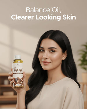 Woman holding natural jojoba oil for clearer skin, promoting balance and wellness with certified organic beauty product