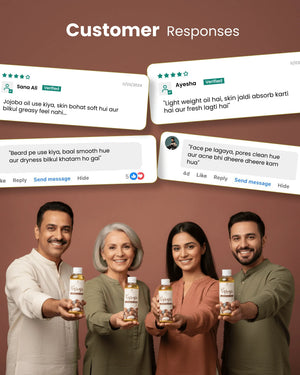 Happy customers holding jojoba oil bottles with 5-star reviews for skin and beard care