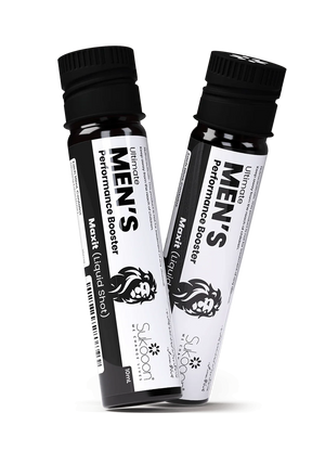 Men's Ultimate Performance Booster liquid shot in sleek black bottles with lion logo, 10ml each