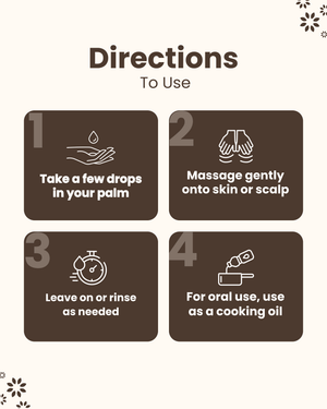 Essential oil usage guide: apply drops, massage skin/scalp, leave or rinse, or use as cooking oil