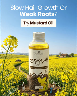 Mustard oil bottle in vibrant yellow field for hair growth & strong roots, natural wellness product