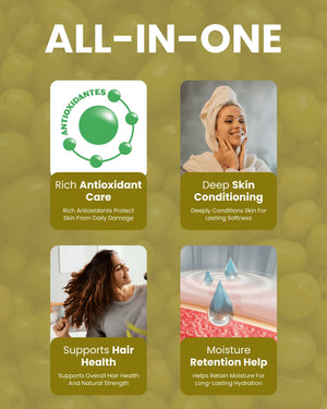All-in-one wellness product with antioxidant care, deep skin conditioning, hair health support, and moisture retention
