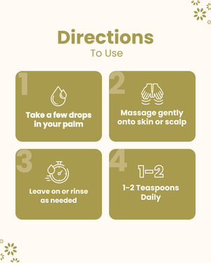 Step-by-step guide for using natural essential oil: apply drops, massage skin or scalp, leave on or rinse, 1-2 tsp daily