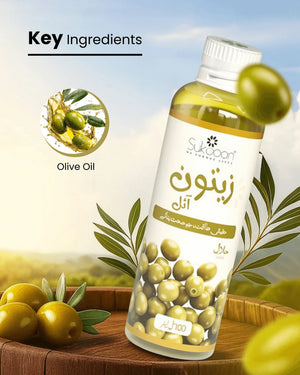 Pure olive oil bottle with fresh olives and leaves, highlighting natural key ingredients for wellness