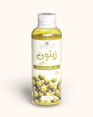Pure olive oil in clear bottle with green olives, Halal certified, 100ml natural wellness product
