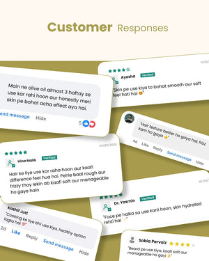 Customer reviews for natural olive oil — smooth skin, soft hair, healthy hydration & beard care testimonials