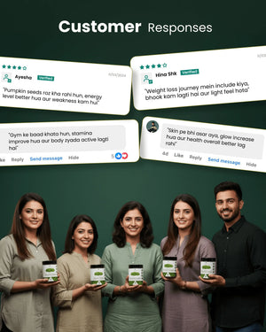 Happy customers holding natural wellness products with glowing reviews on energy, skin, and stamina