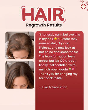 Hair regrowth before and after results showing thicker, shinier hair with customer testimonial